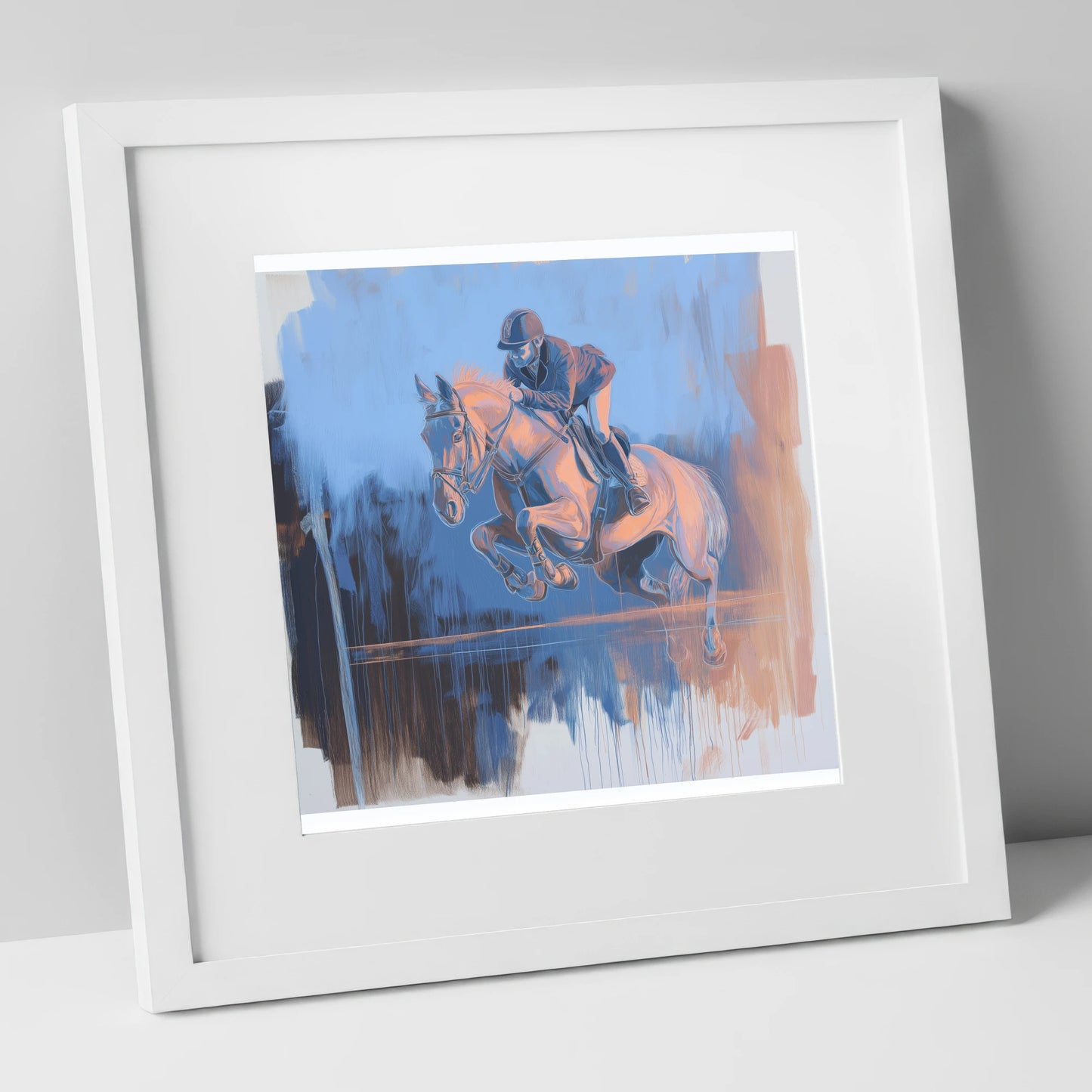 Suspended Over Cobalt show jumping horse art print in white frame