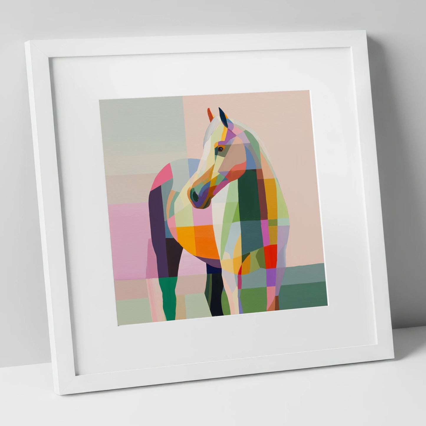 Vivid Equine Mosaic horse breed art print in white frame