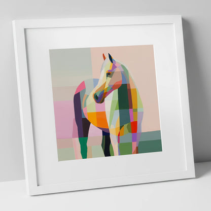 Vivid Equine Mosaic horse breed art print in white frame
