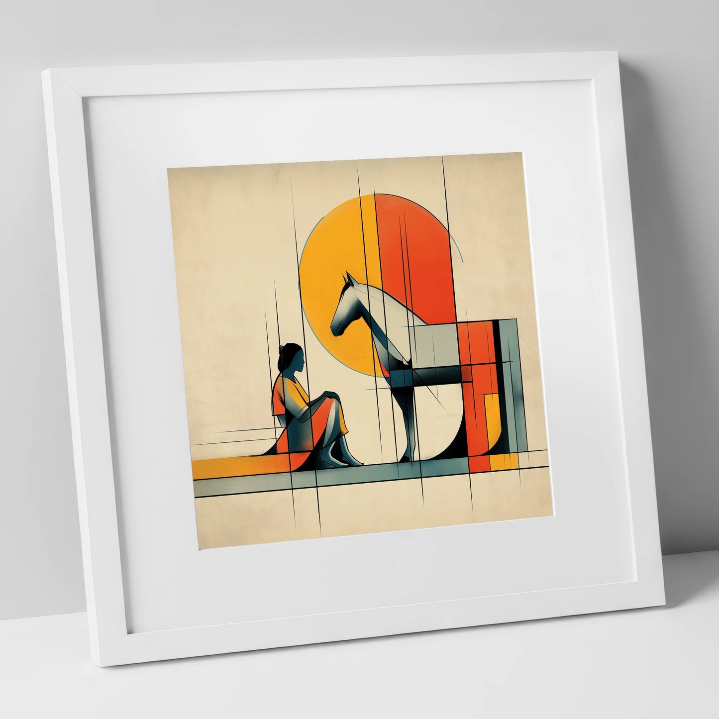 Structured Harmony horse & rider art print in white frame