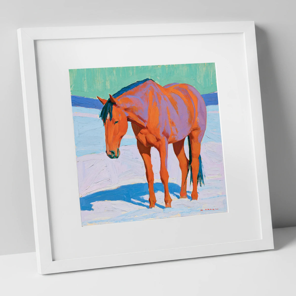 Vivid Chestnut Horse in Snow horse breed art print in white frame