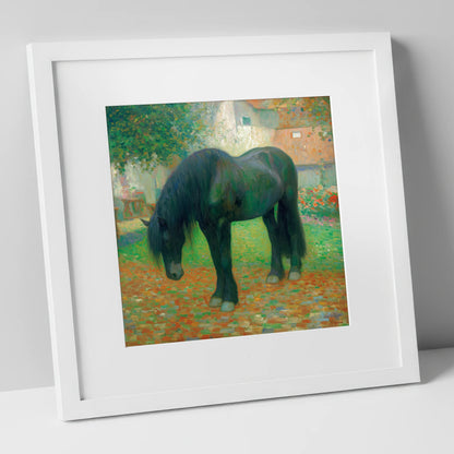 The Sunlit Draught horse breed art print in white frame