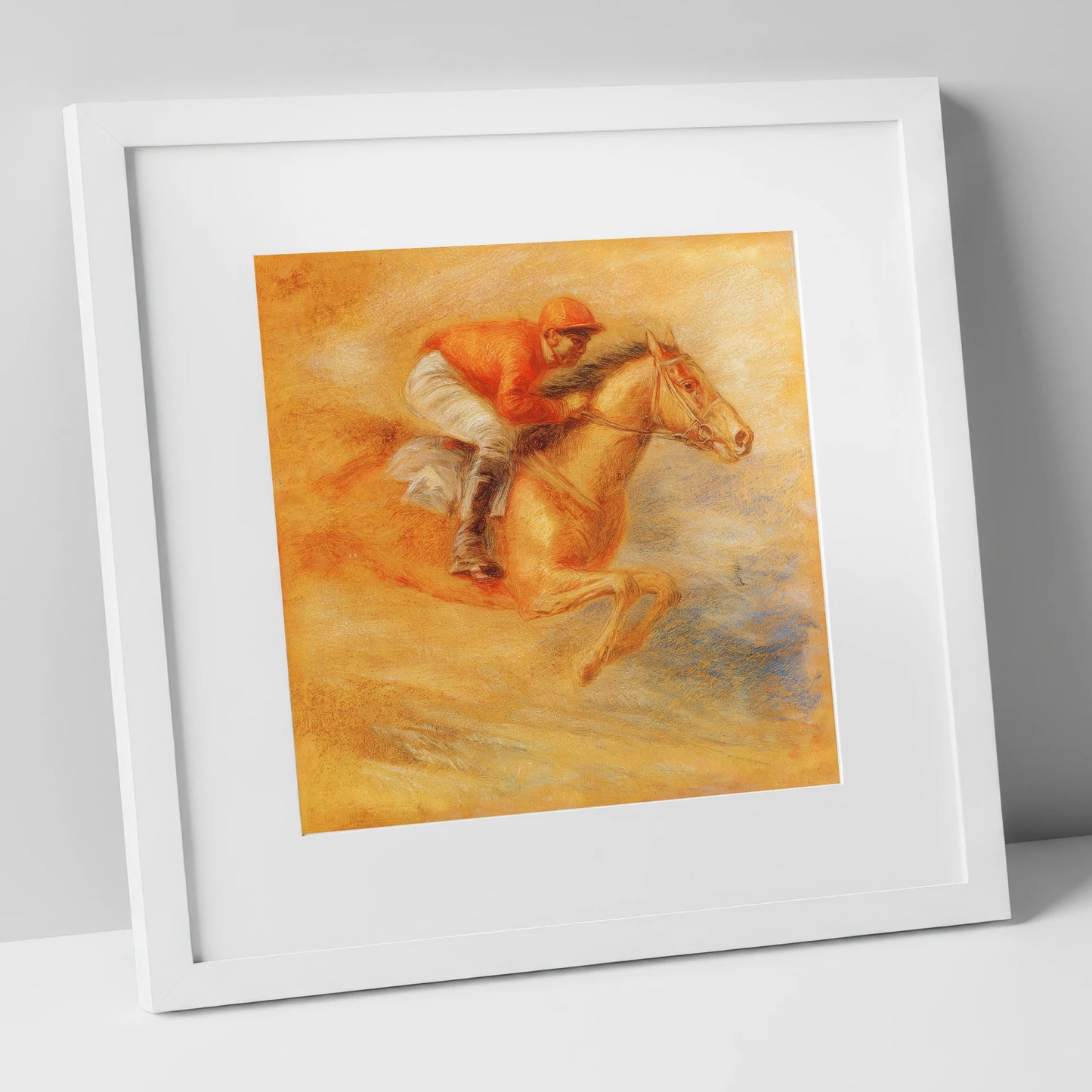 Flight Over Terracotta racing horse art print in white frame