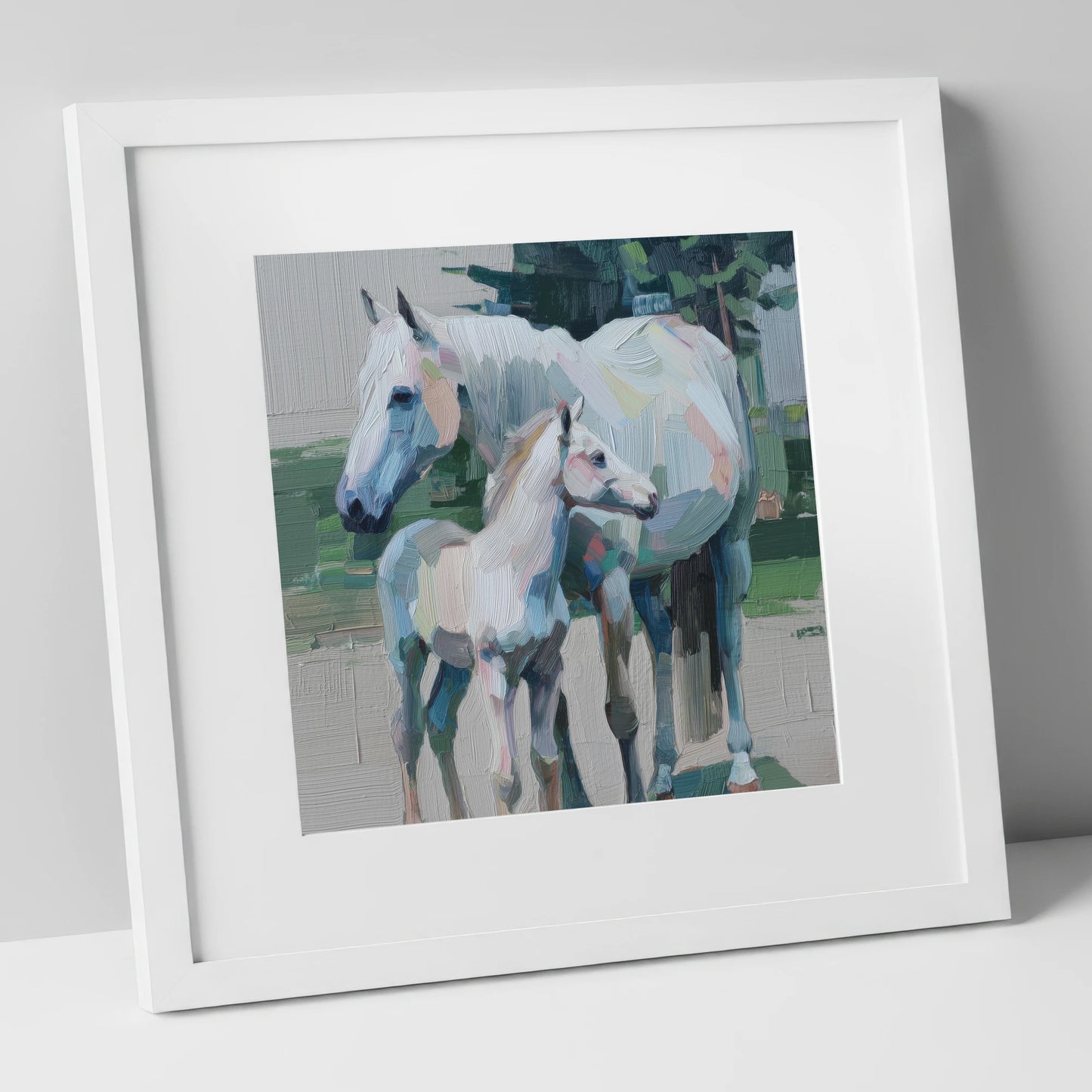 Textured Pastel Bond mare & foal art print in white frame