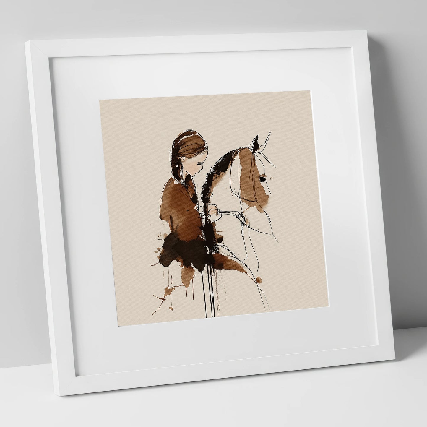 Quiet Bond horse & rider art print in white frame