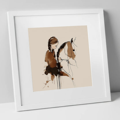 Quiet Bond horse & rider art print in white frame