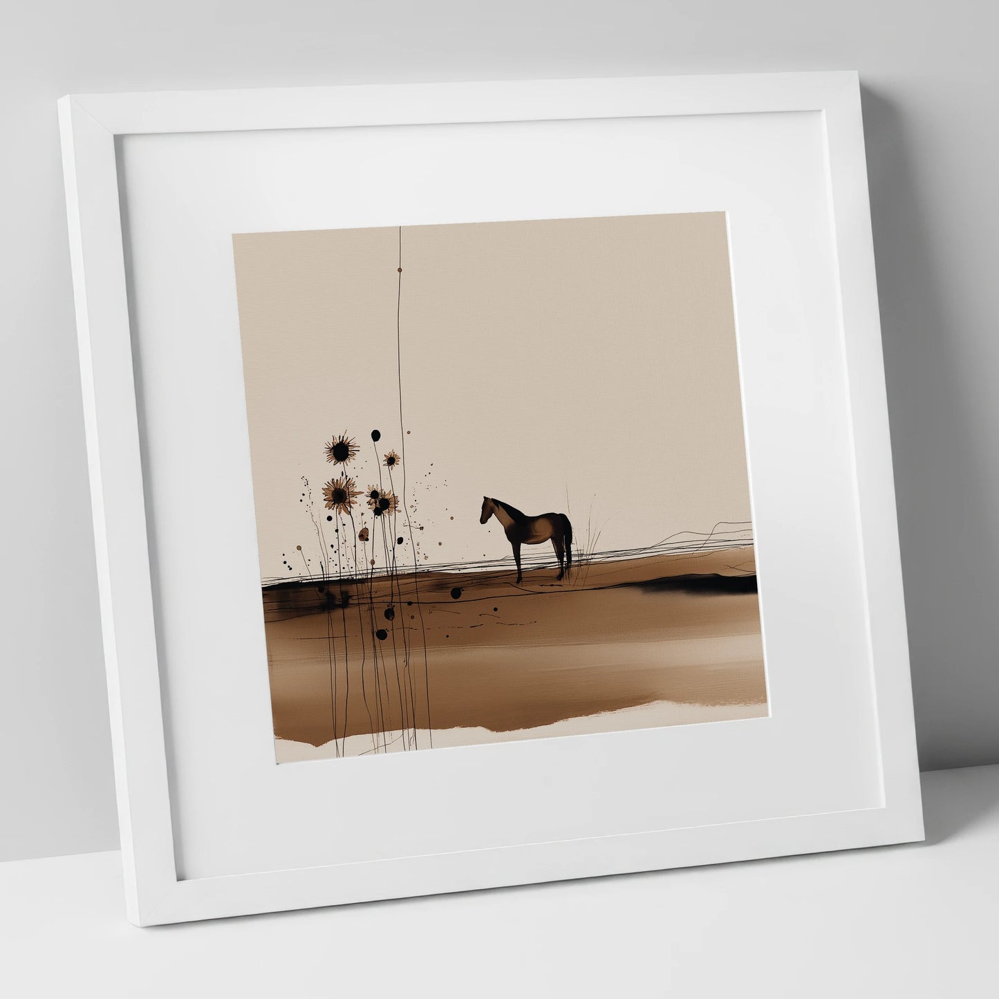 Stillness in Sepia horse landscape art print in white frame