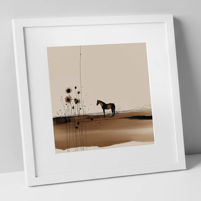 Stillness in Sepia horse landscape art print in white frame