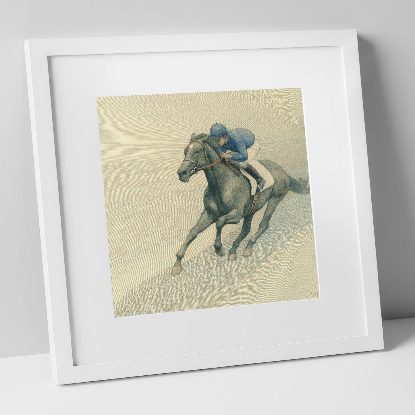 The Slate Grey Gallop racing horse art print in white frame