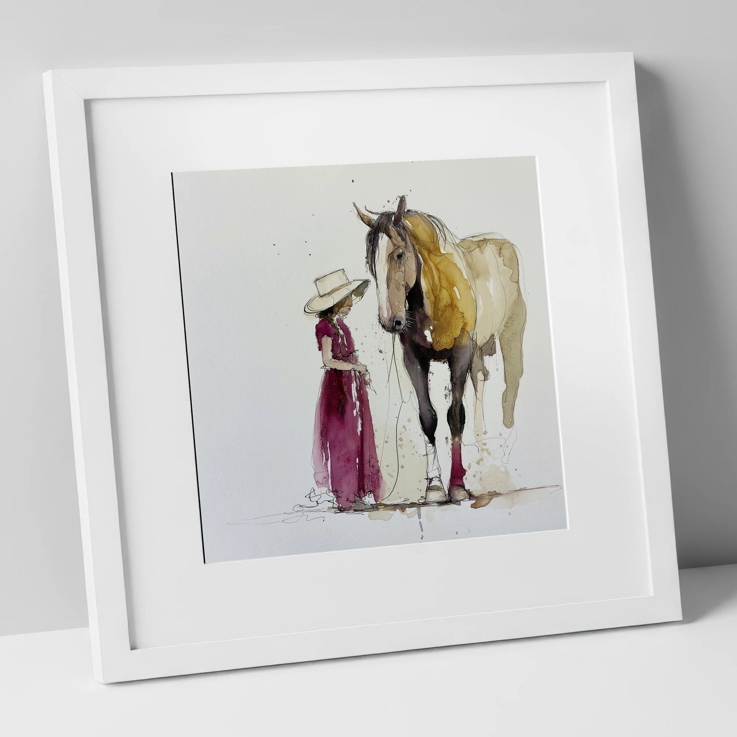 A Quiet Connection horse & rider art print in white frame