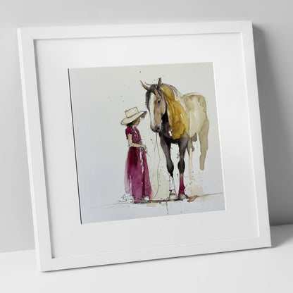 A Quiet Connection horse & rider art print in white frame