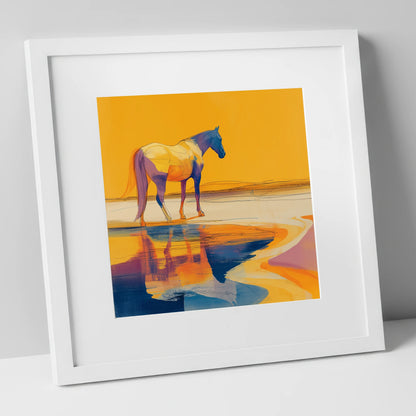 Golden Equine Mirage horse landscape art print in white frame