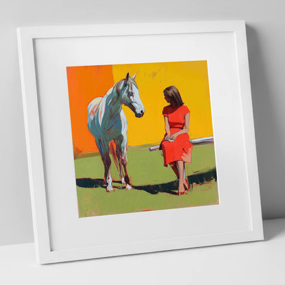 Vibrant Connection horse & rider art print in white frame
