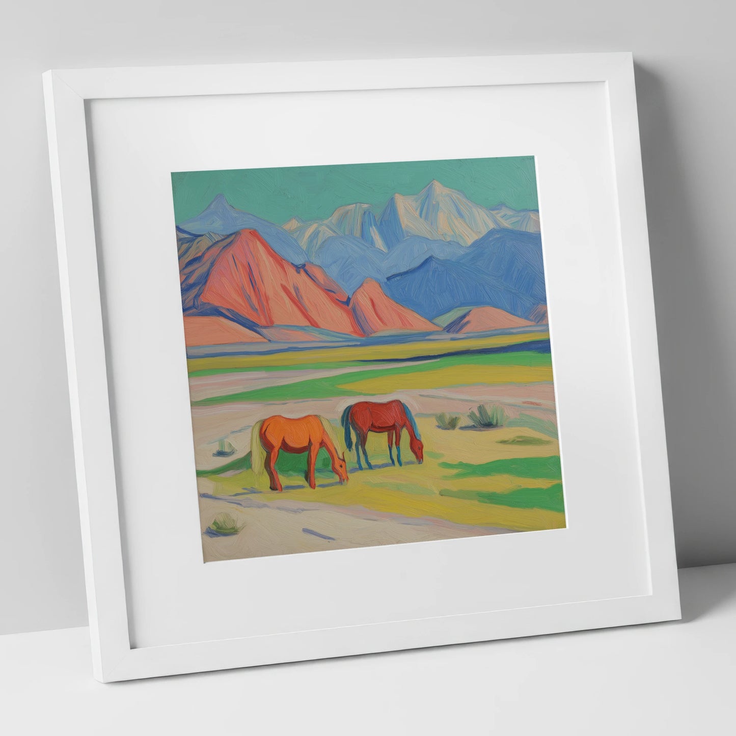 Vibrant Valley Pastures horse landscape art print in white frame
