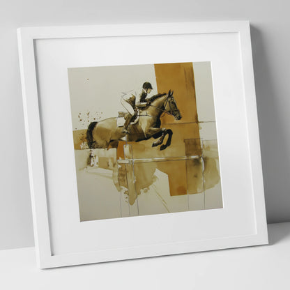Airborne in Sepia show jumping horse art print in white frame