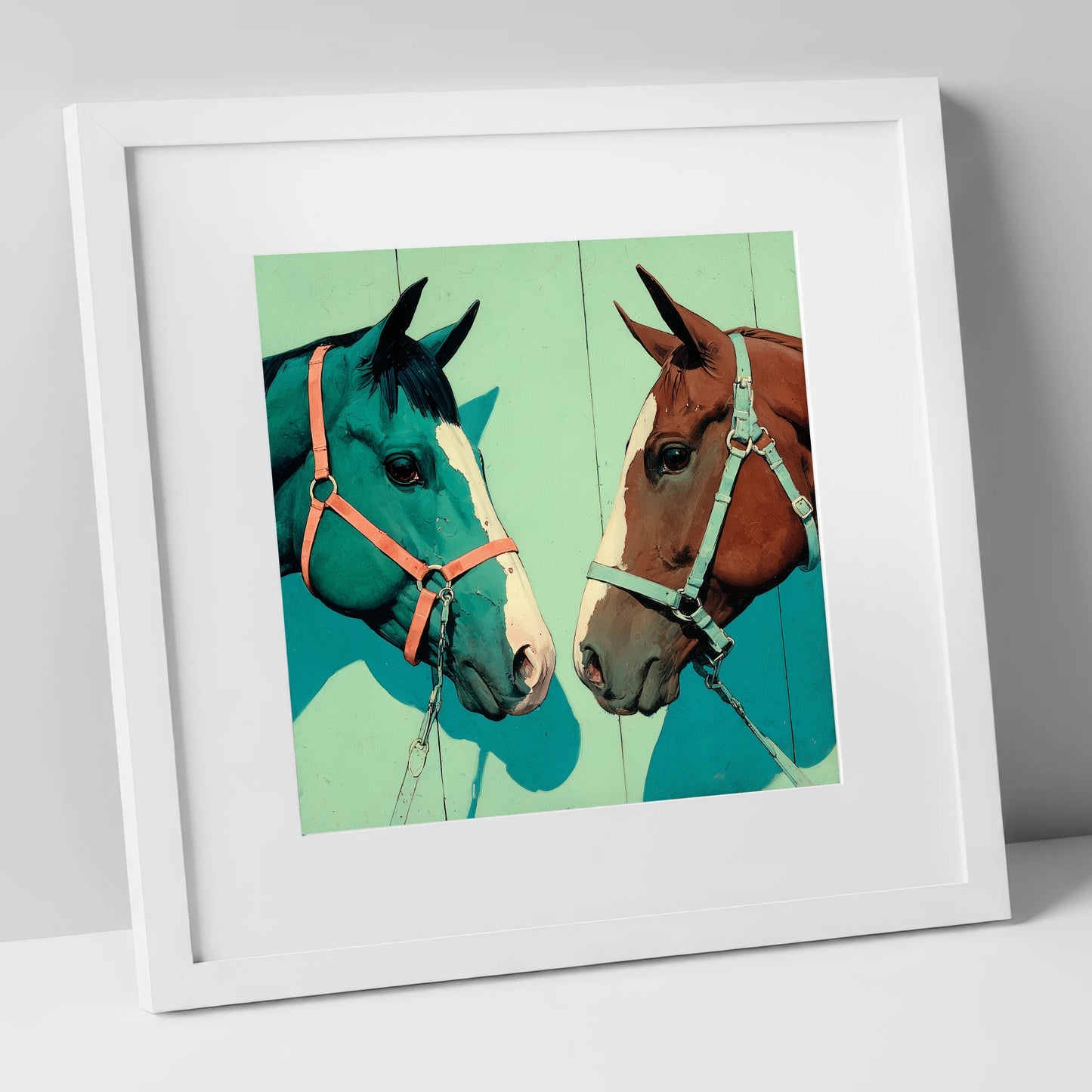 Vivid Companions horse portrait art print in white frame