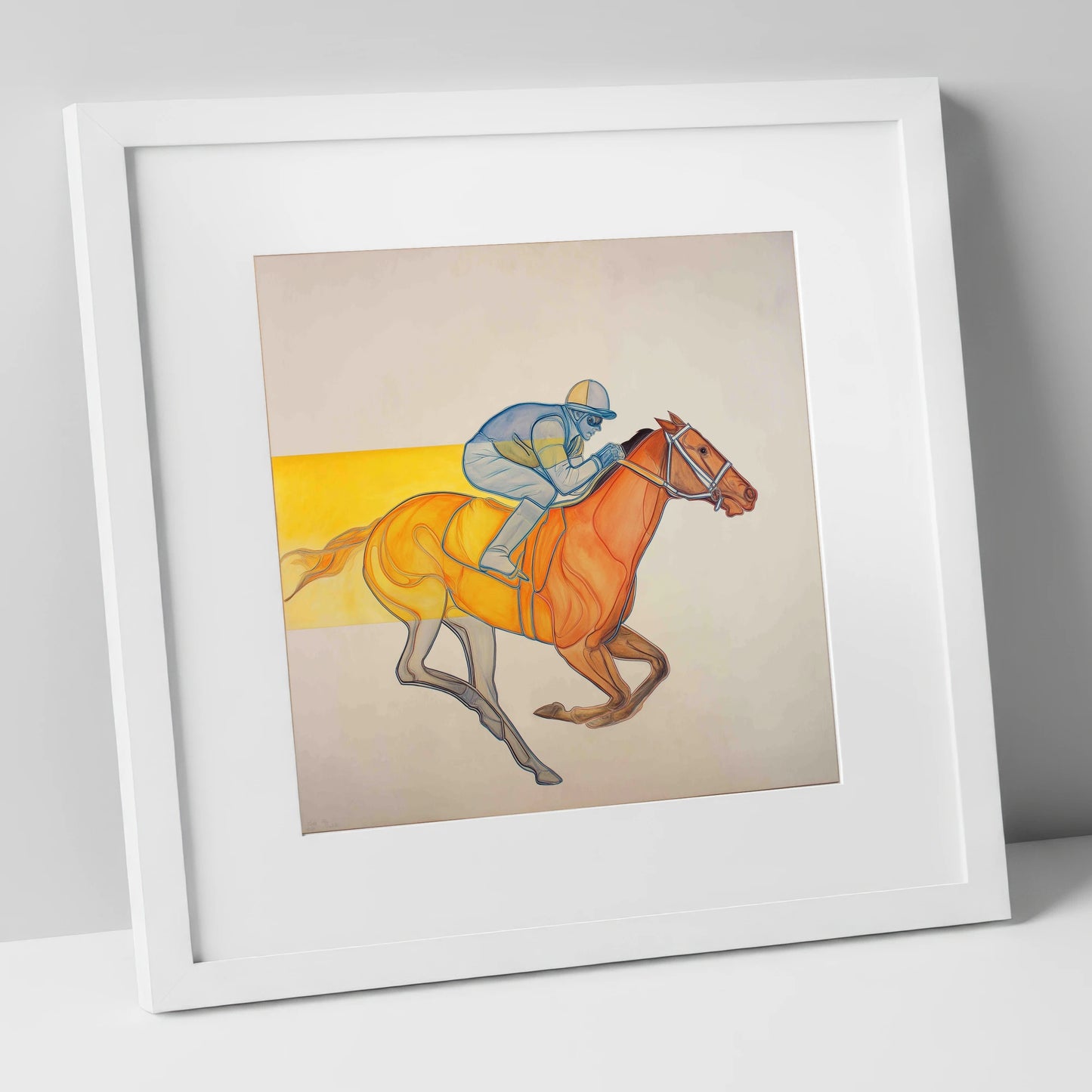 Radiant Racing Stride racing horse art print in white frame