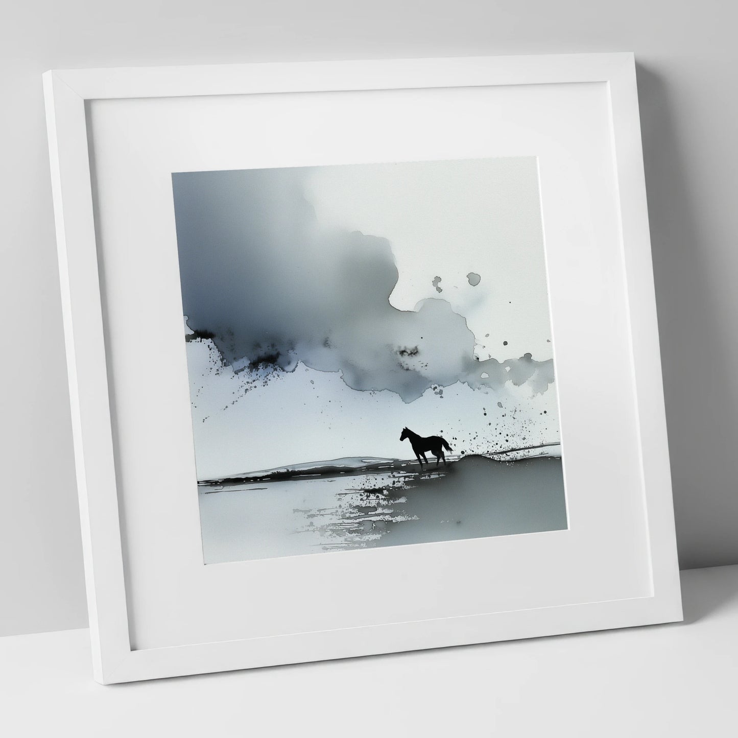 Atmospheric Grey Horizon horse landscape art print in white frame