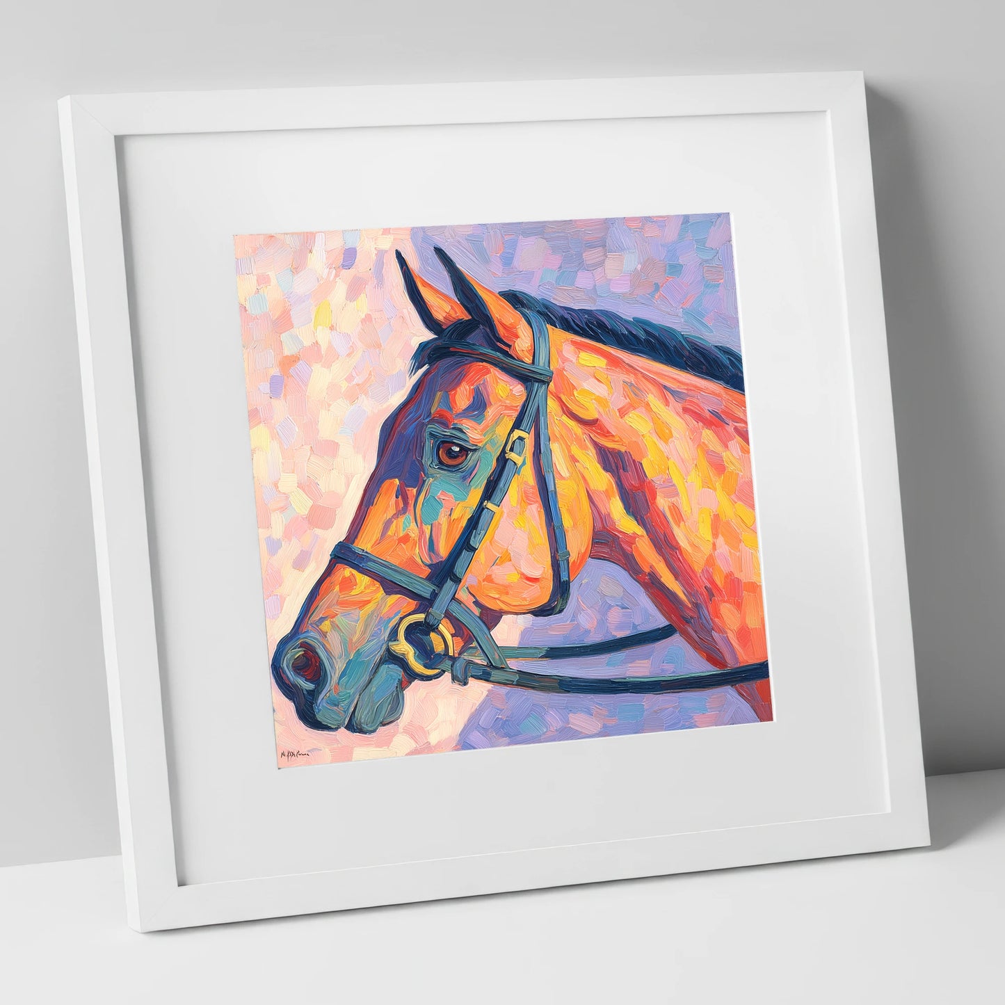 Vivid Equine Gaze racing horse art print in white frame