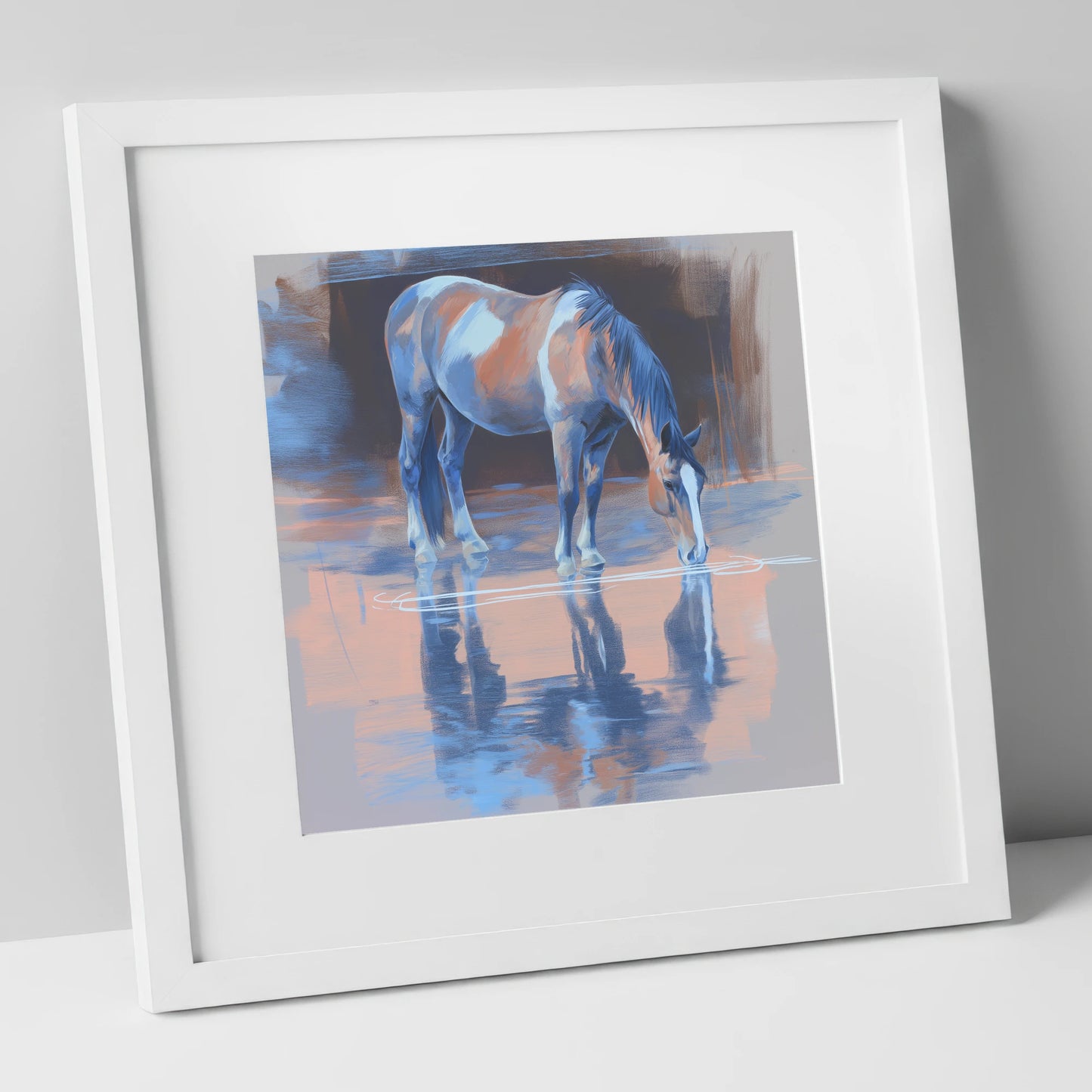 Tranquil Reflection horse portrait art print in white frame