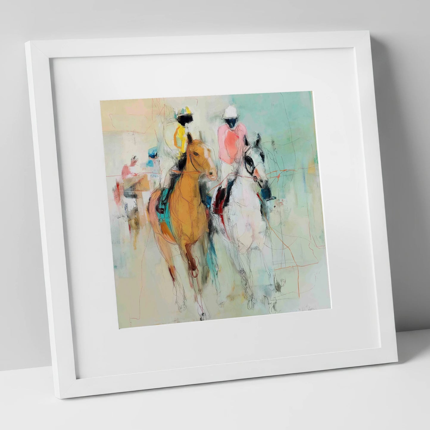 Echoes of the Turf racing horse art print in white frame