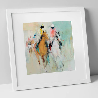 Echoes of the Turf racing horse art print in white frame