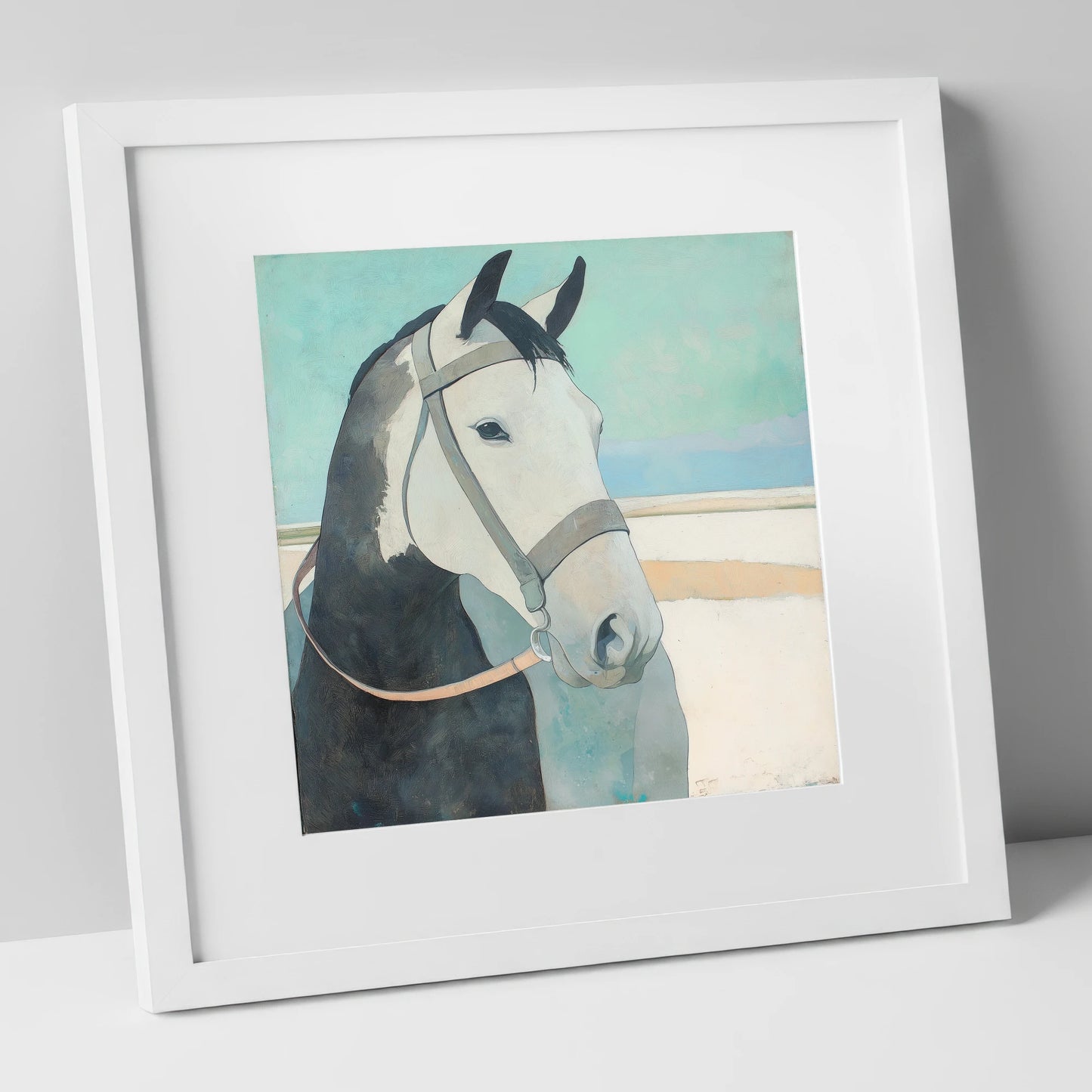 Modern Working Grey working horse art print in white frame