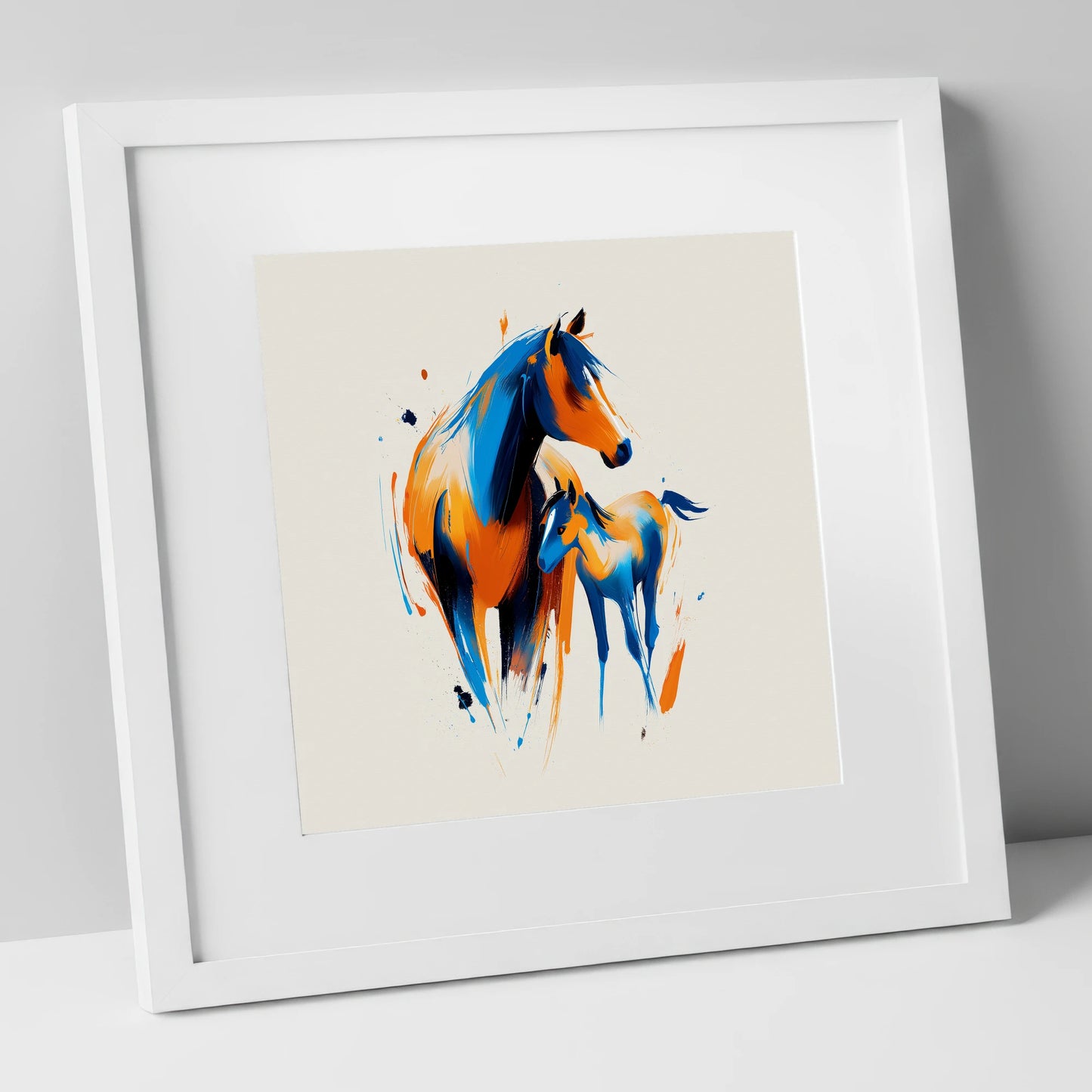 Azure and Amber Bond mare & foal art print in white frame