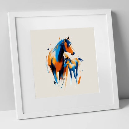 Azure and Amber Bond mare & foal art print in white frame