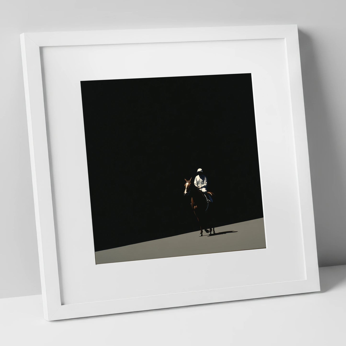 Into the Light racing horse art print in white frame