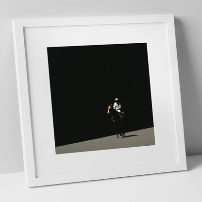 Into the Light racing horse art print in white frame