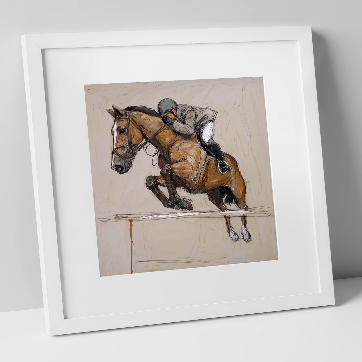 Airborne Precision show jumping horse art print in white frame