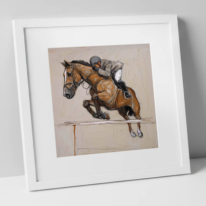 Airborne Precision show jumping horse art print in white frame