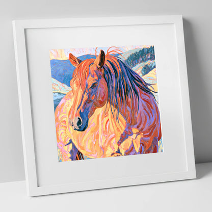 Horse in Vibrant Mountain Snow horse breed art print in white frame