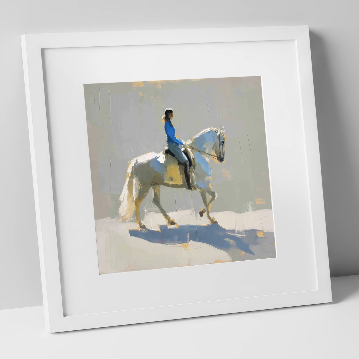 Collected in Blue dressage horse art print in white frame