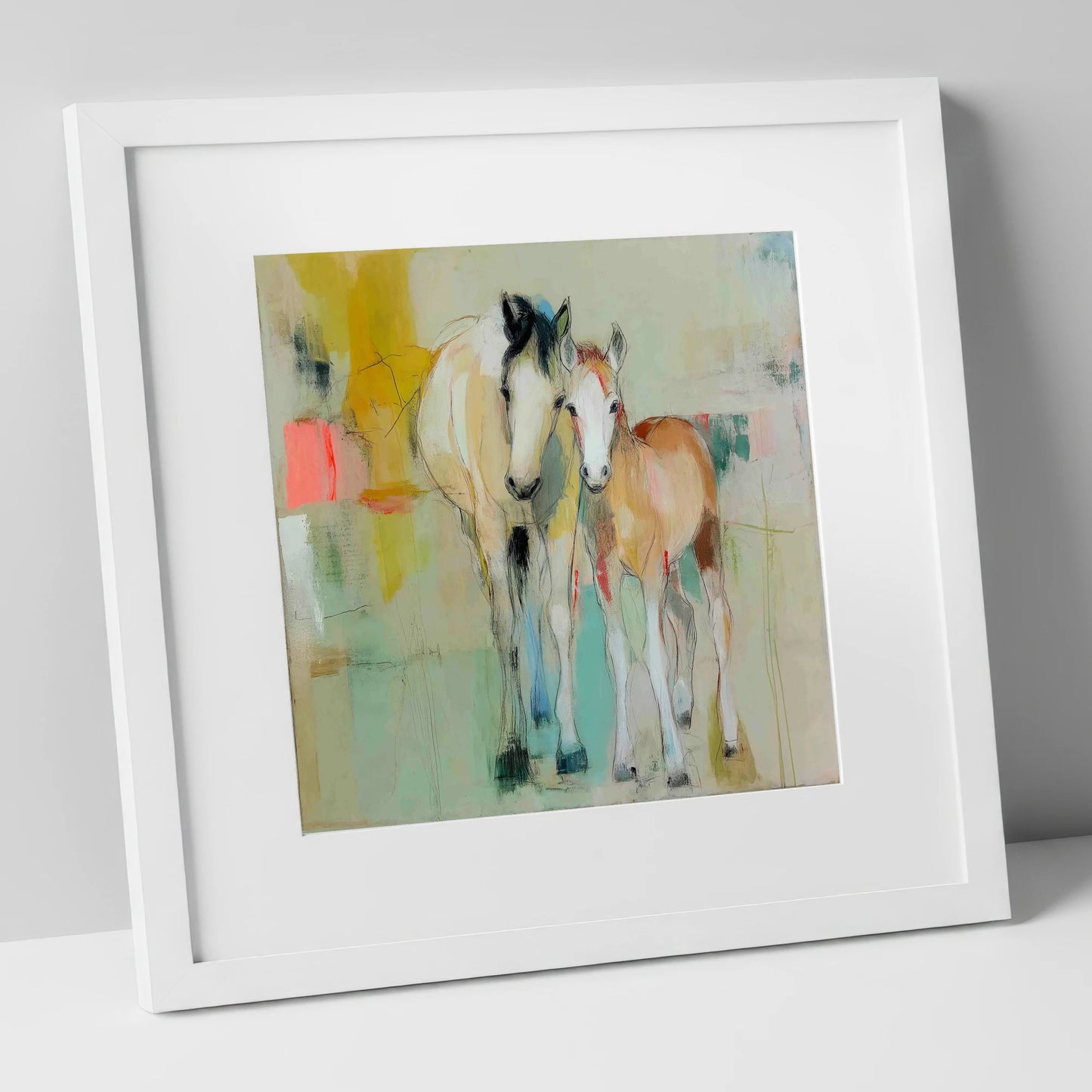 Gentle Nurture mare & foal art print in white frame