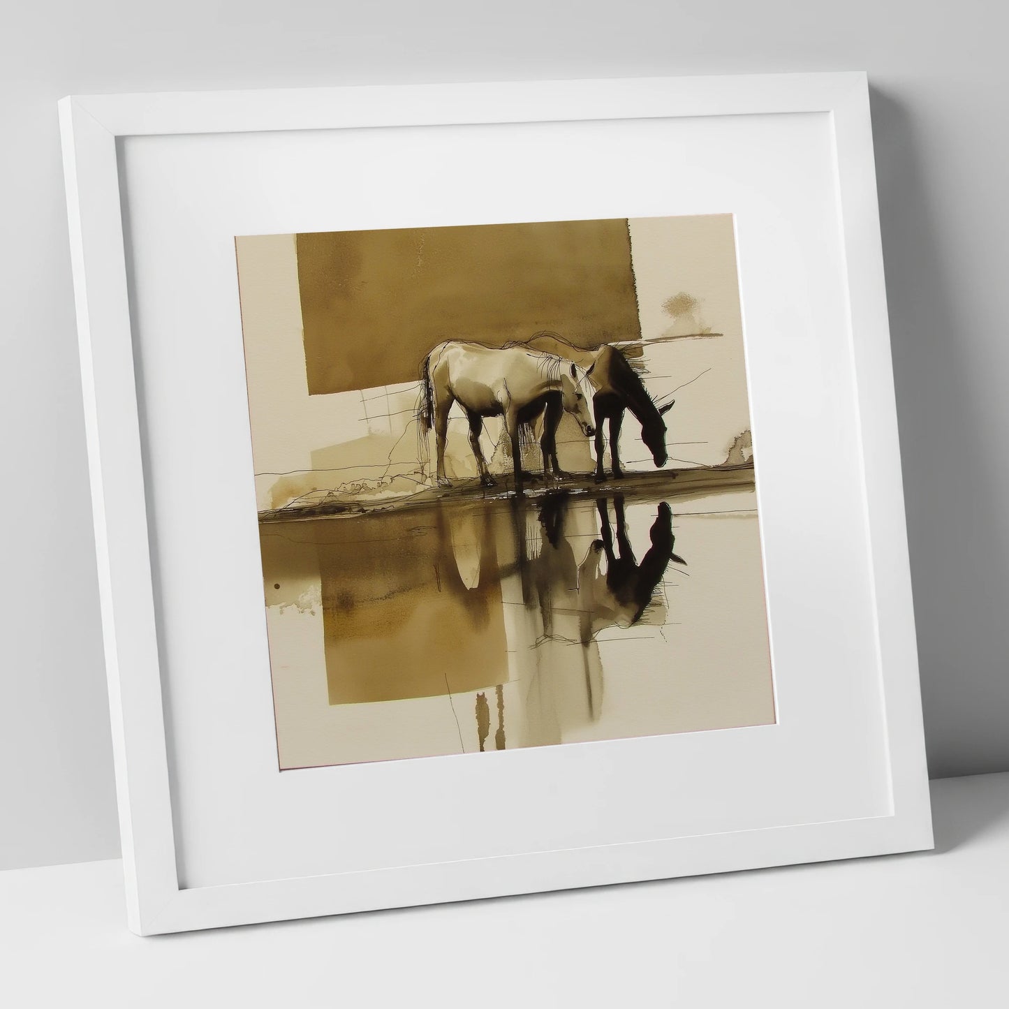 Sepia Reflections wild horses art print in white frame