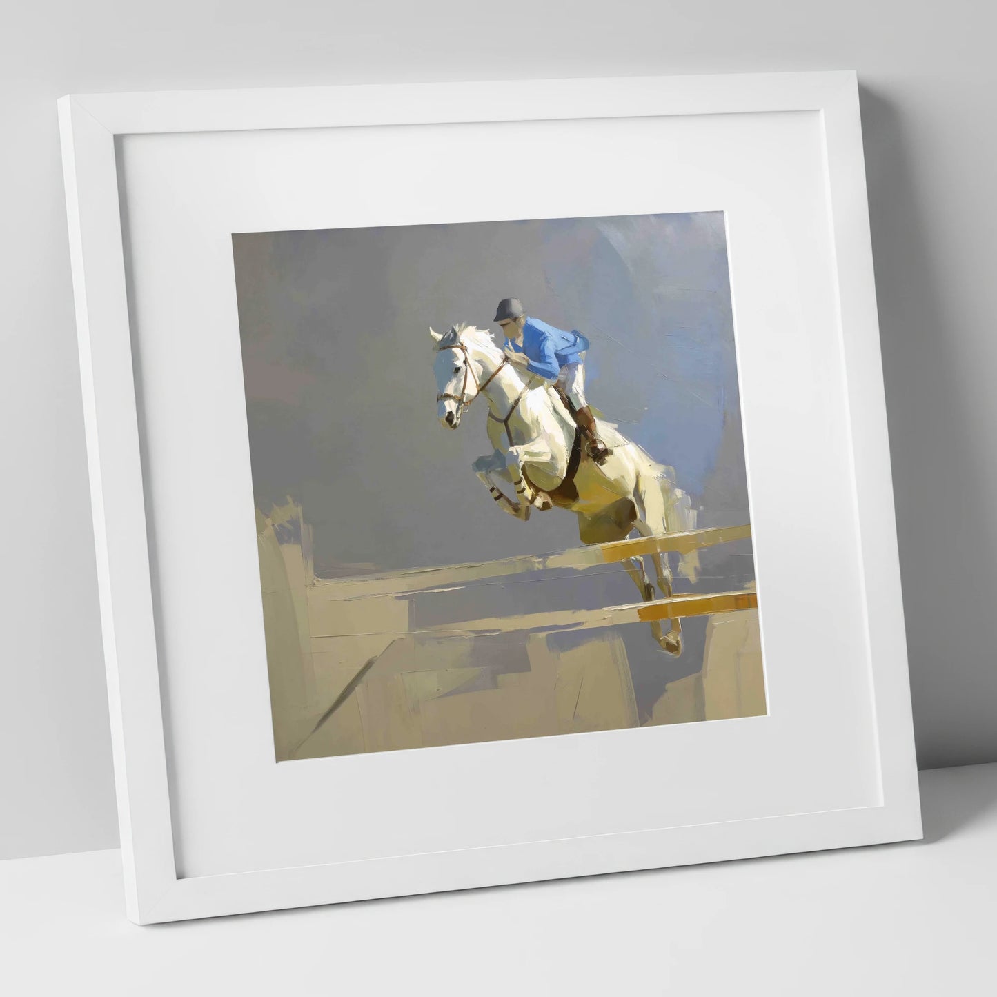Soaring Grey Showjumper show jumping horse art print in white frame