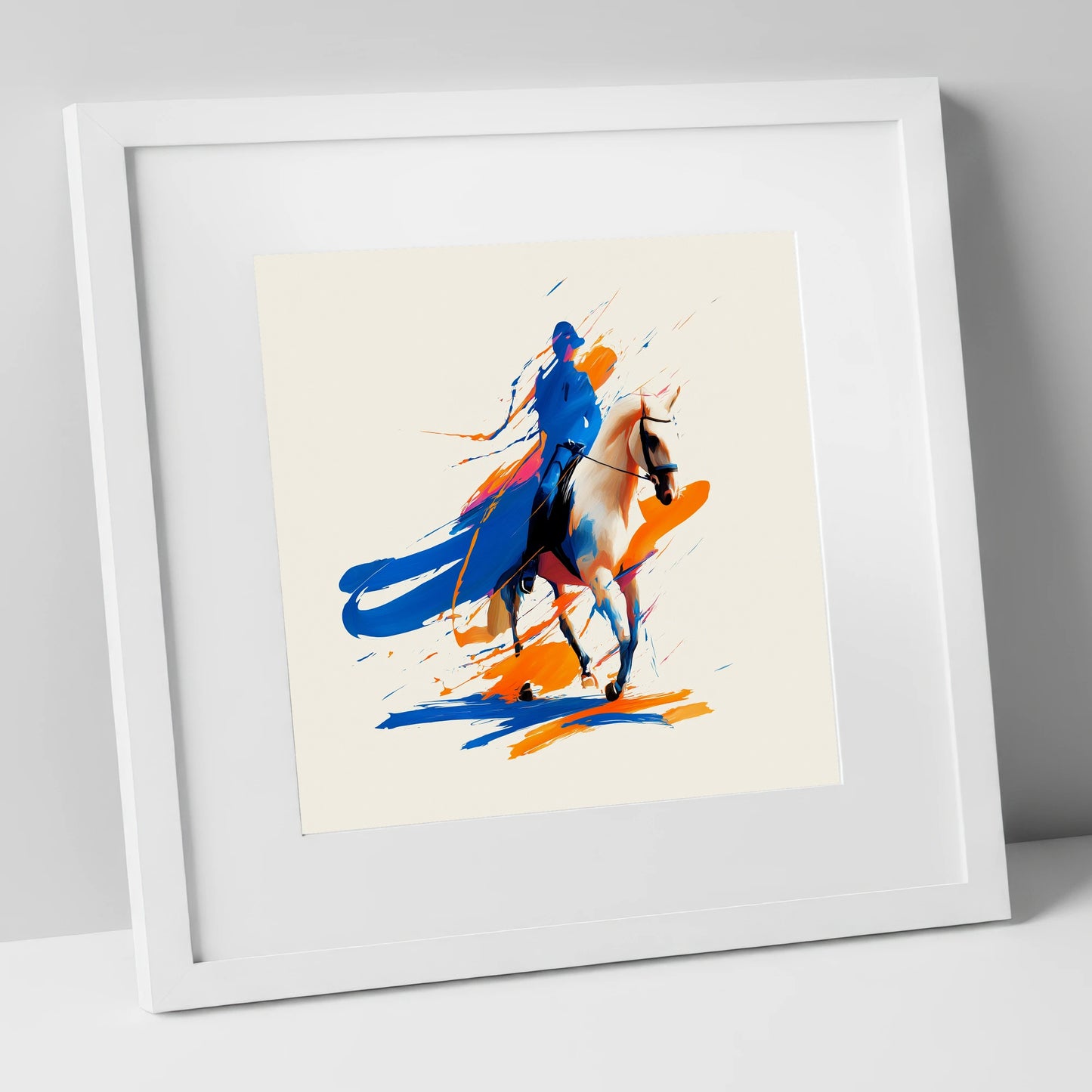 Cobalt Canter dressage horse art print in white frame