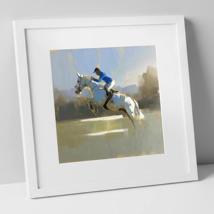 Flight in Blue show jumping horse art print in white frame