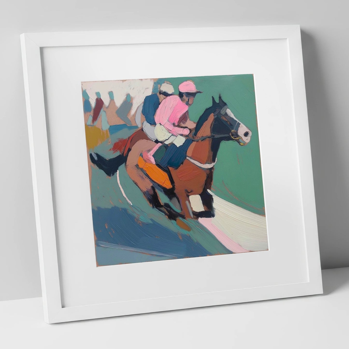 The Leading Edge in Rose racing horse art print in white frame