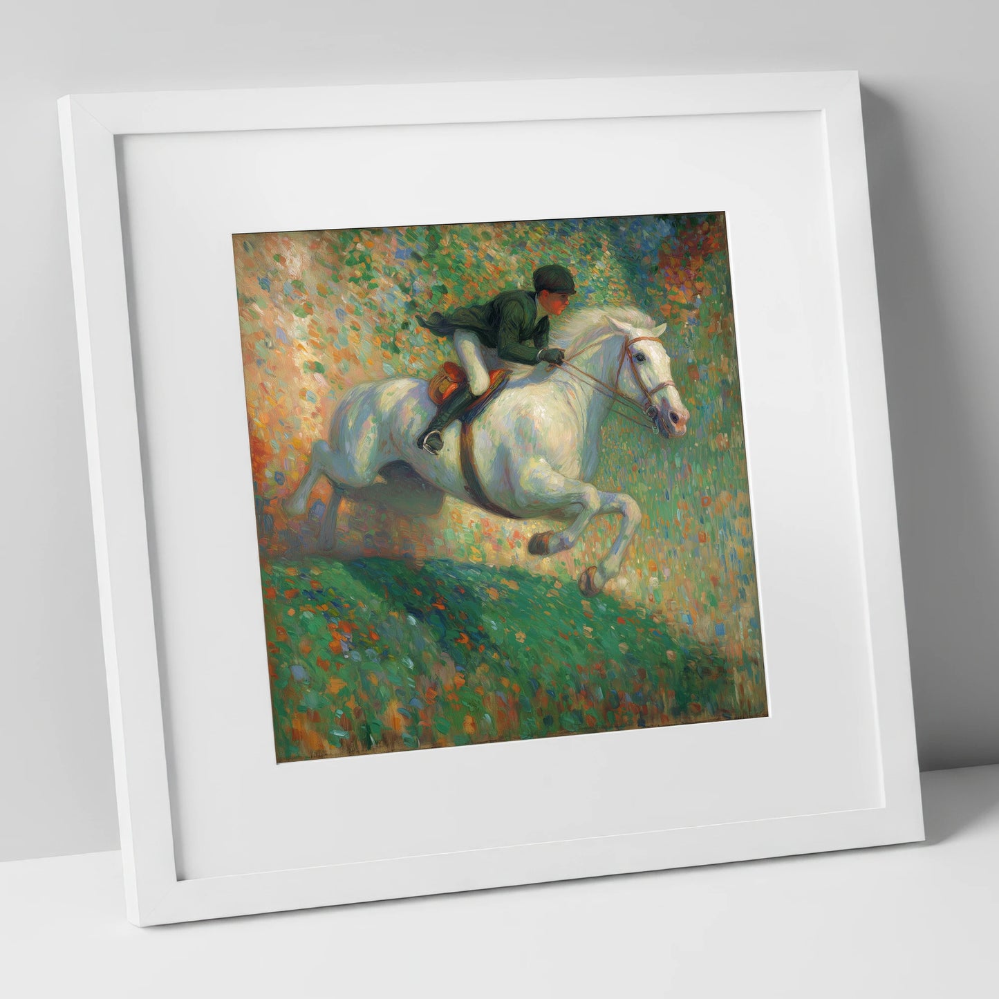 The Painted Leap show jumping horse art print in white frame