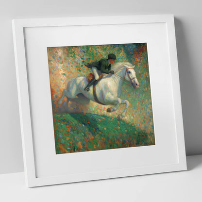 The Painted Leap show jumping horse art print in white frame