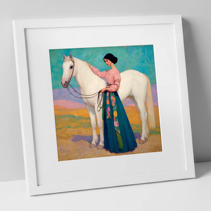 Vibrant Connection horse & rider art print in white frame