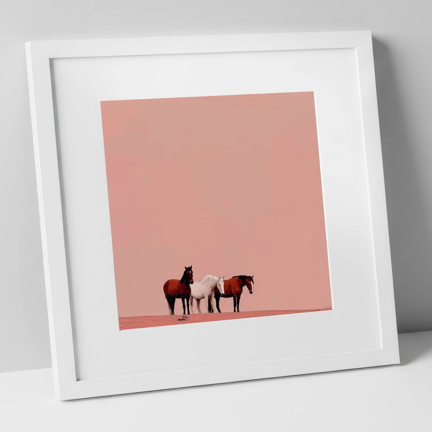 The Blush Horizon wild horses art print in white frame