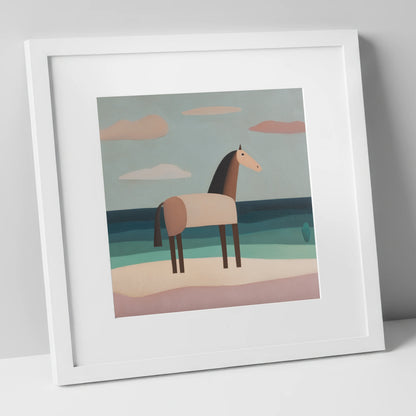 Tranquil Coastal Horizons horse landscape art print in white frame