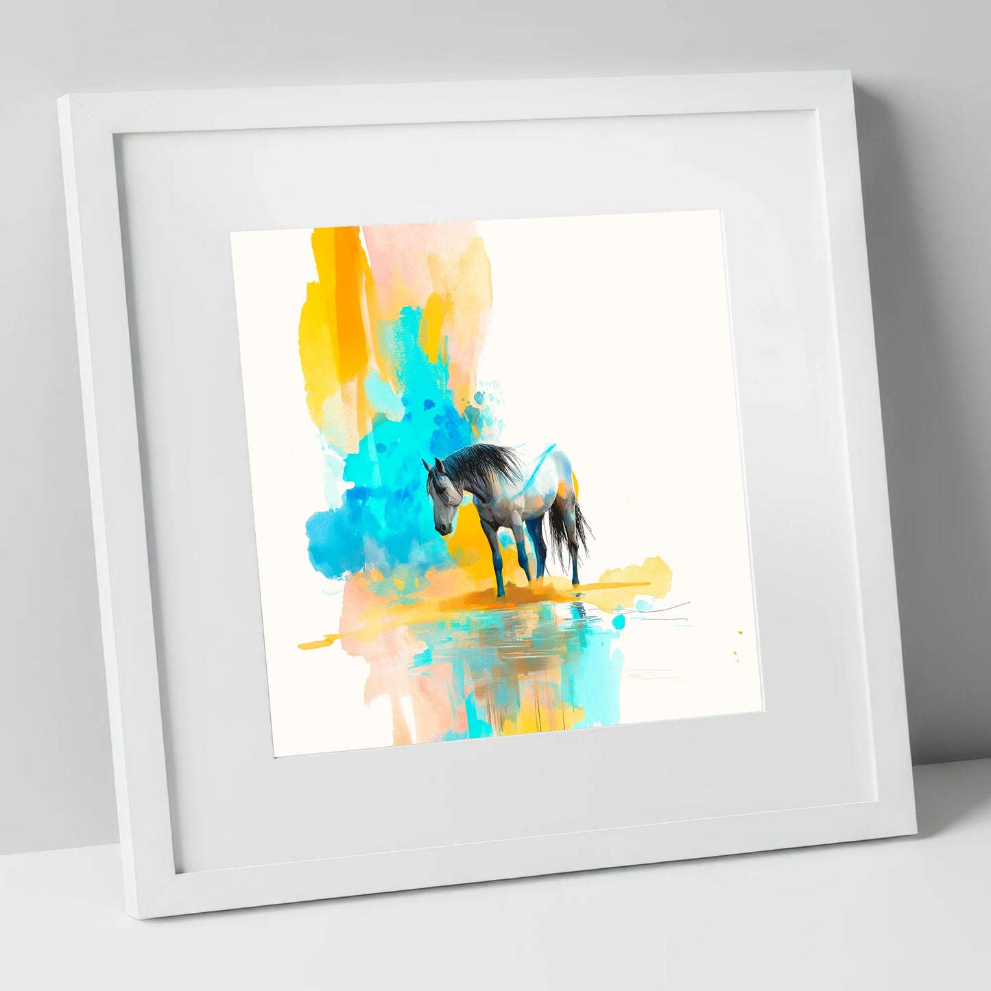 Vibrant Grey Reflection horse portrait art print in white frame