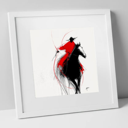 Crimson Surge racing horse art print in white frame