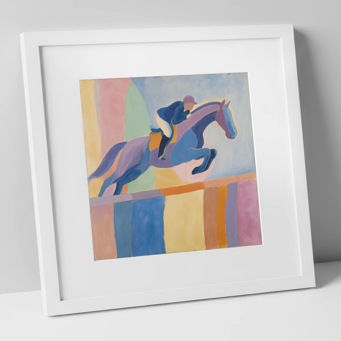 Harmonious Leap show jumping horse art print in white frame