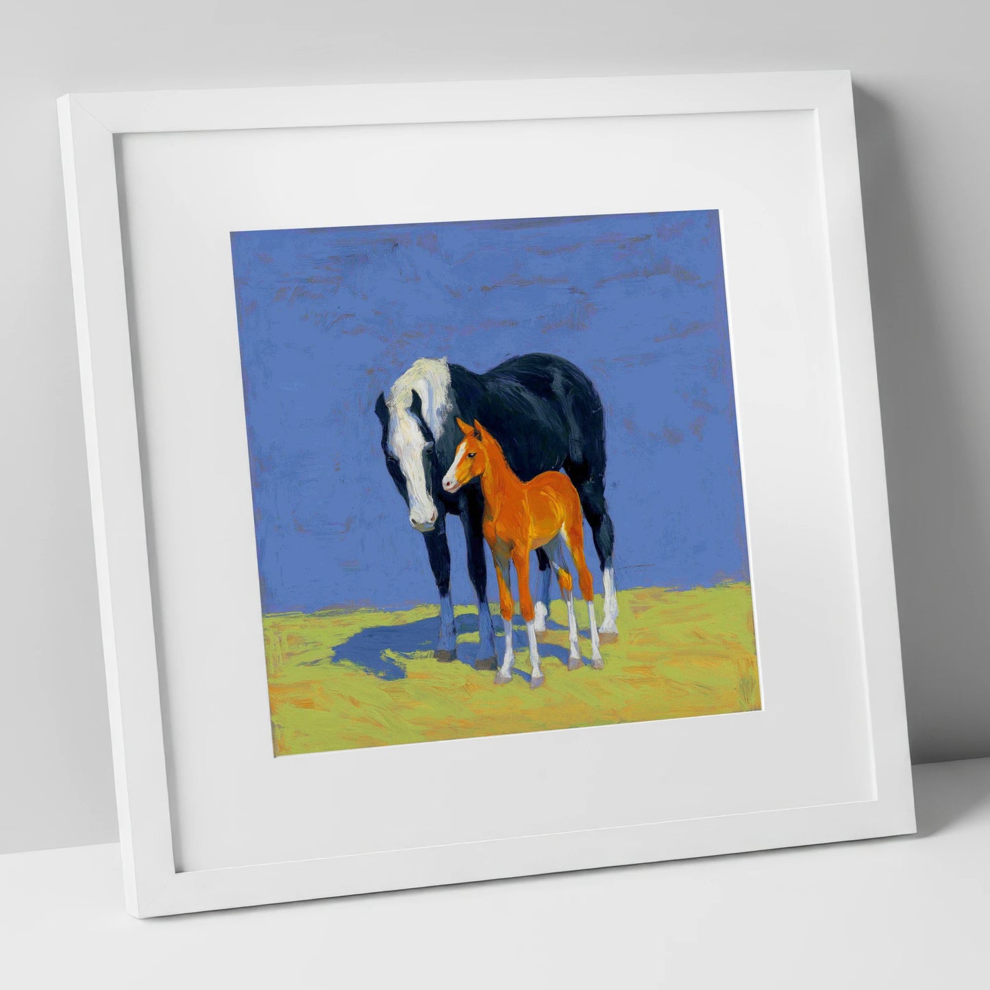 Vibrant Pasture Bond mare & foal art print in white frame